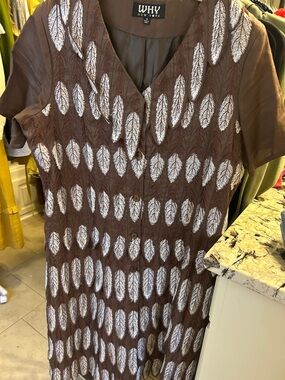WHY New York Brown Feather-Print Button-Front Dress